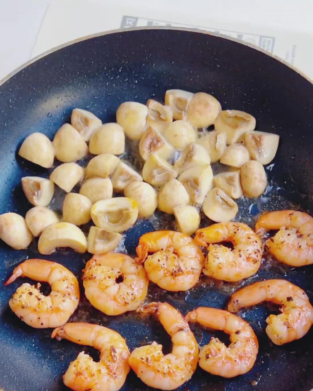 Add marinated shrimp and mushrooms