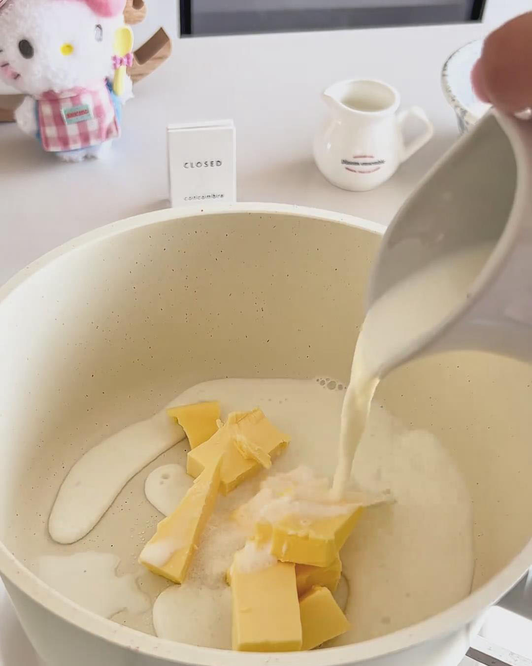 In a small saucepan, add the butter, sugar, salt, and milk