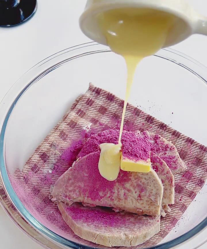 Place taro in a large mixing bowl, then add the granulated sugar, purple sweet potato powder, softened butter, heavy cream, and condensed milk