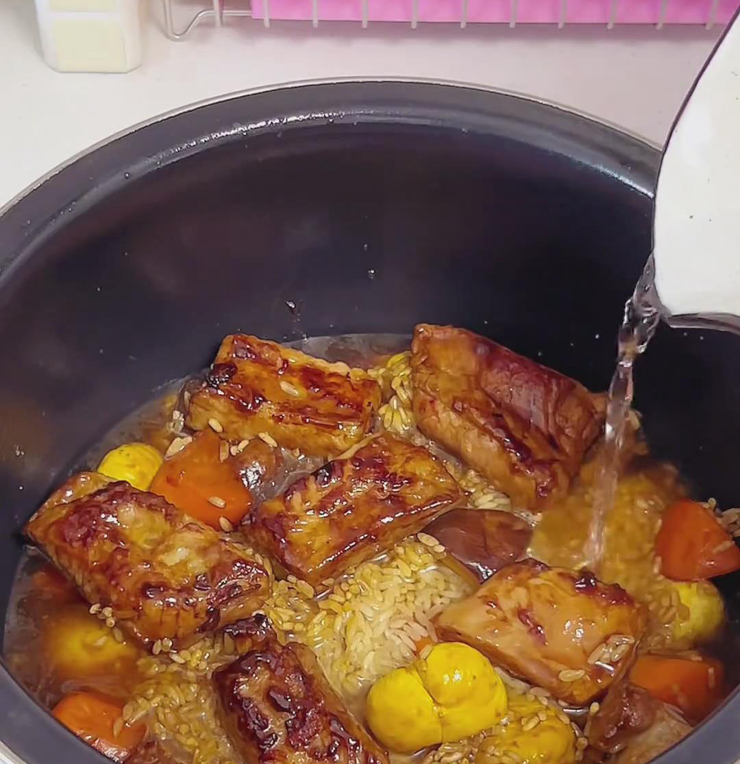 Pour in water (or the reserved mushroom soaking water) until the liquid just barely covers all the ingredients