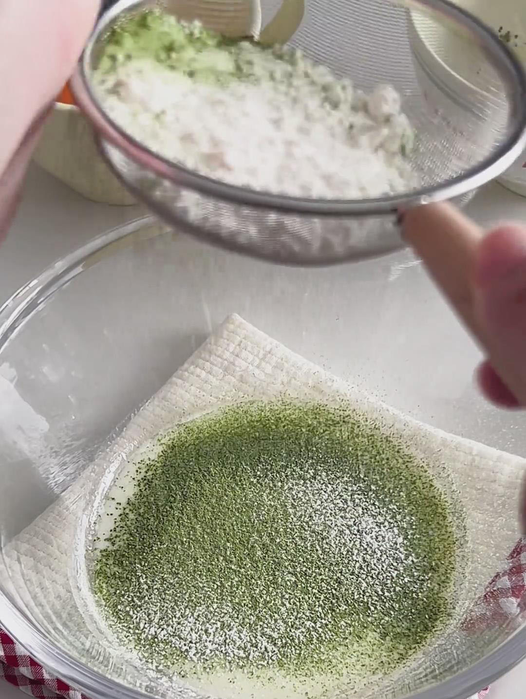 Sift the cake flour and the 5g of matcha powder directly into the wet ingredients